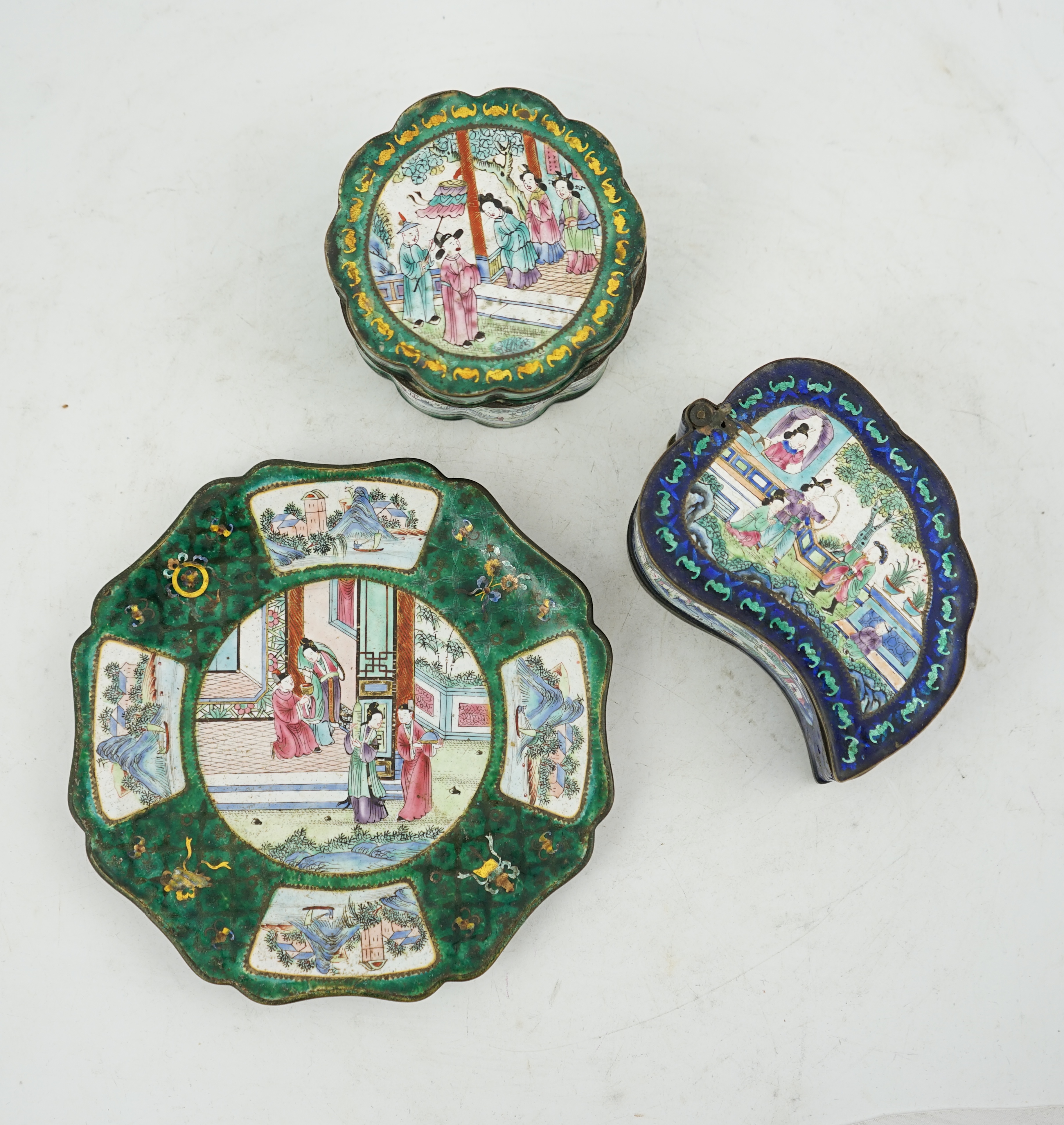 Two Chinese Guangzhou enamel boxes and a similar petal lobed dish, Daoguang period